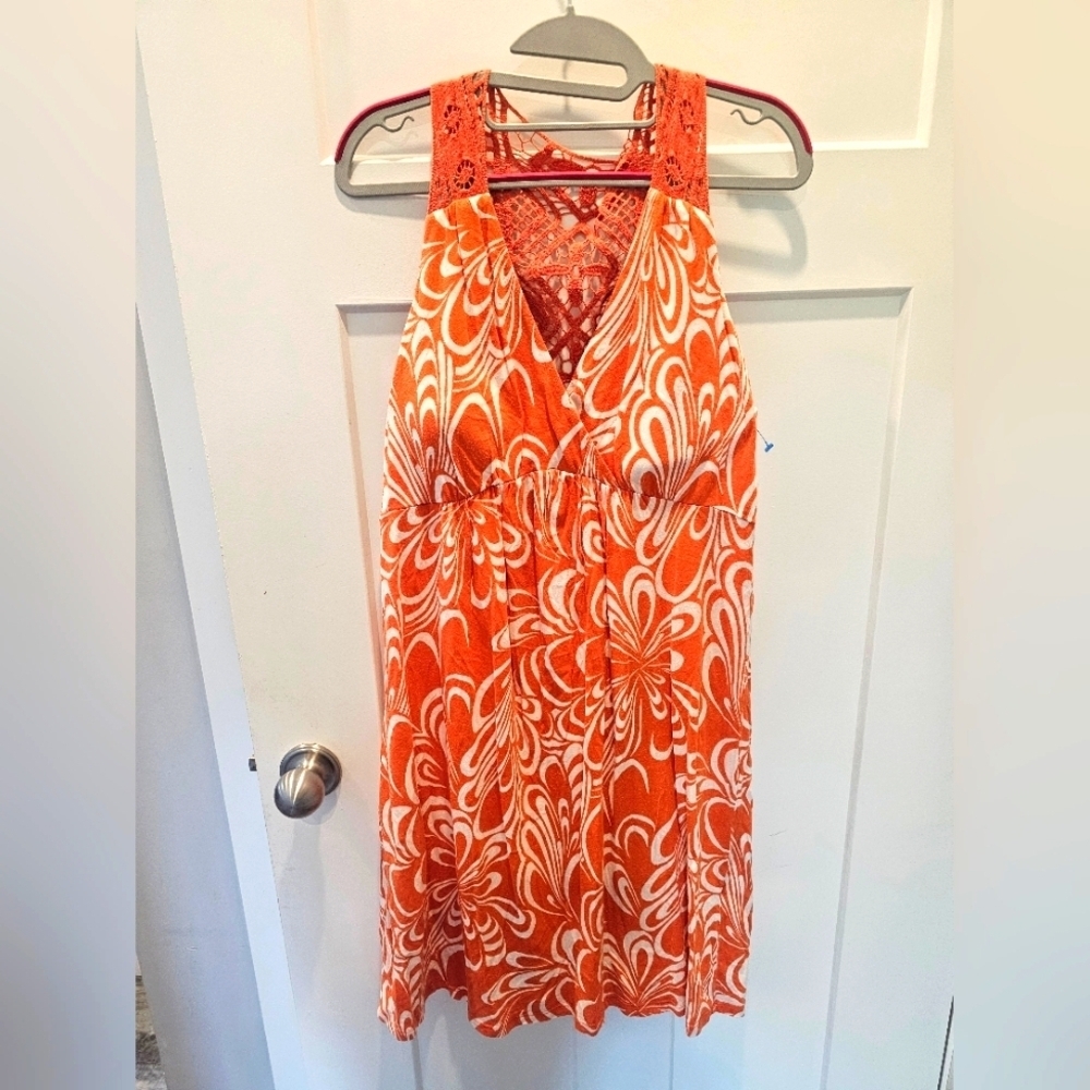 ELLE Orange White Print Sleeveless Dress Large Crochet Racerback